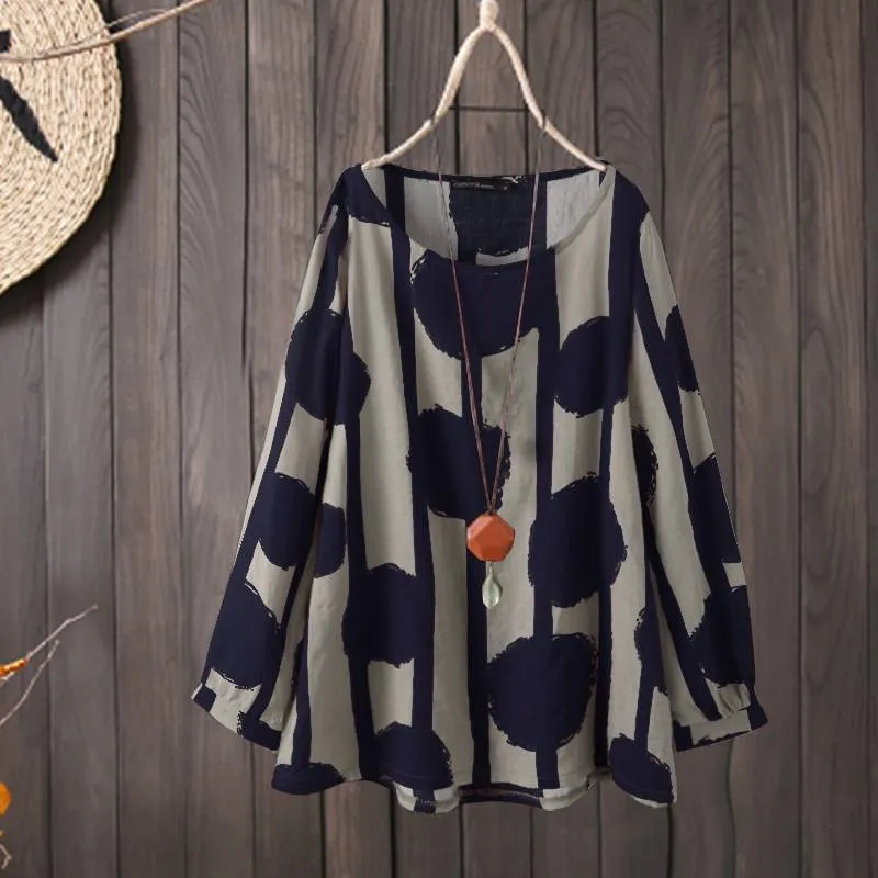 Vintage O Neck Long Sleeve Blouse Spring Women Polka Dot Printed Shirt ZANZEA Female Casual Loose Blusas Chemise Tunic Tops