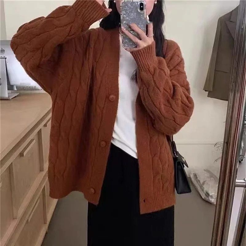 Churchf Churchf Twist Sweater Coat Female Loose Lazy Wind V-Neck Long Sleeve Autumn Winter Korean Version Knit Cardigan Female Thick Money