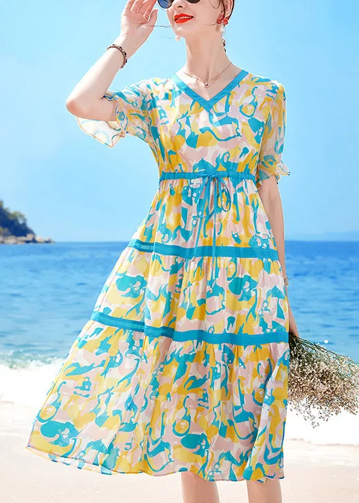 Beautiful Lake Blue V Neck Drawstring Print Chiffon Beach Dresses Short Sleeve