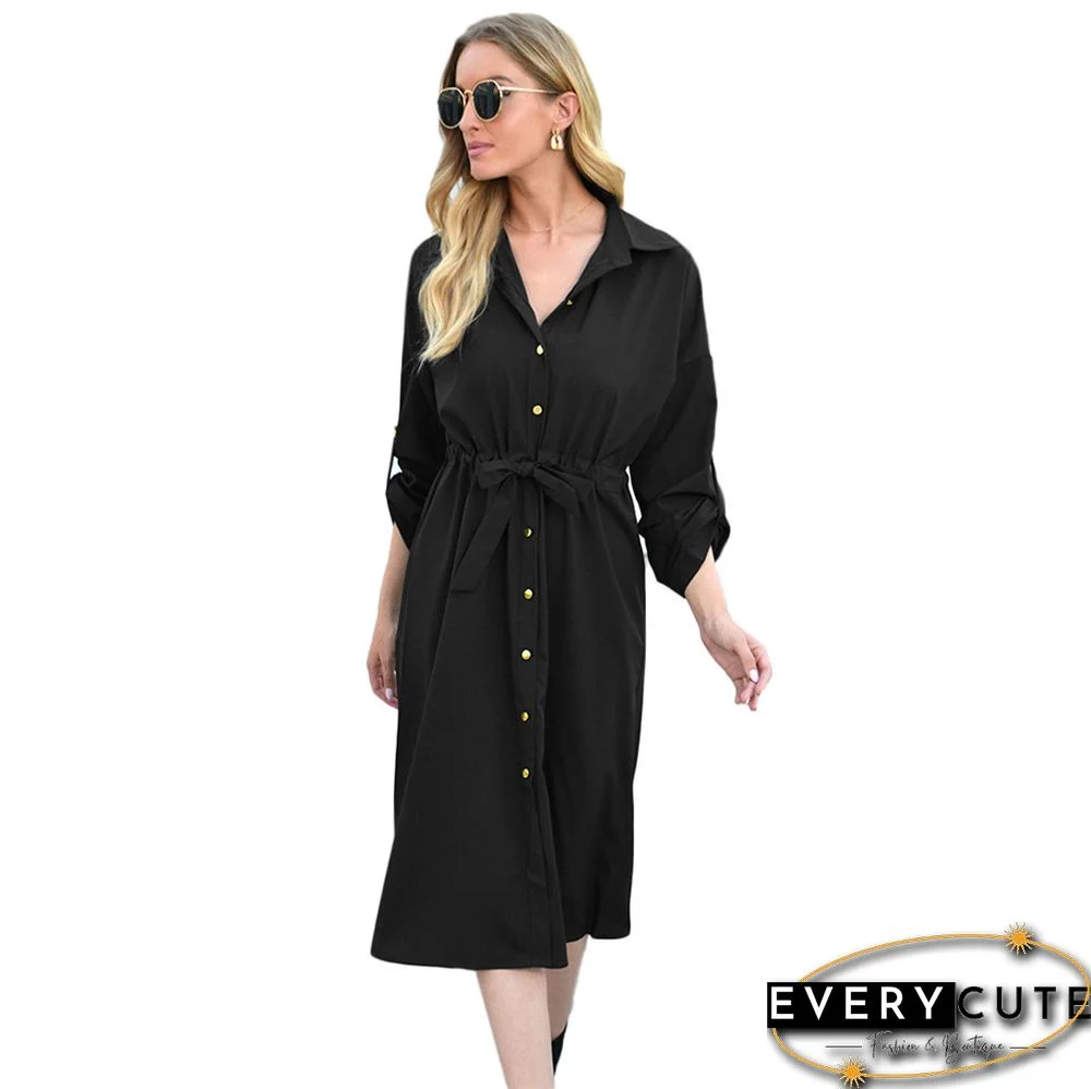 Black Turndown Collar Tie Waist Shirt Dress