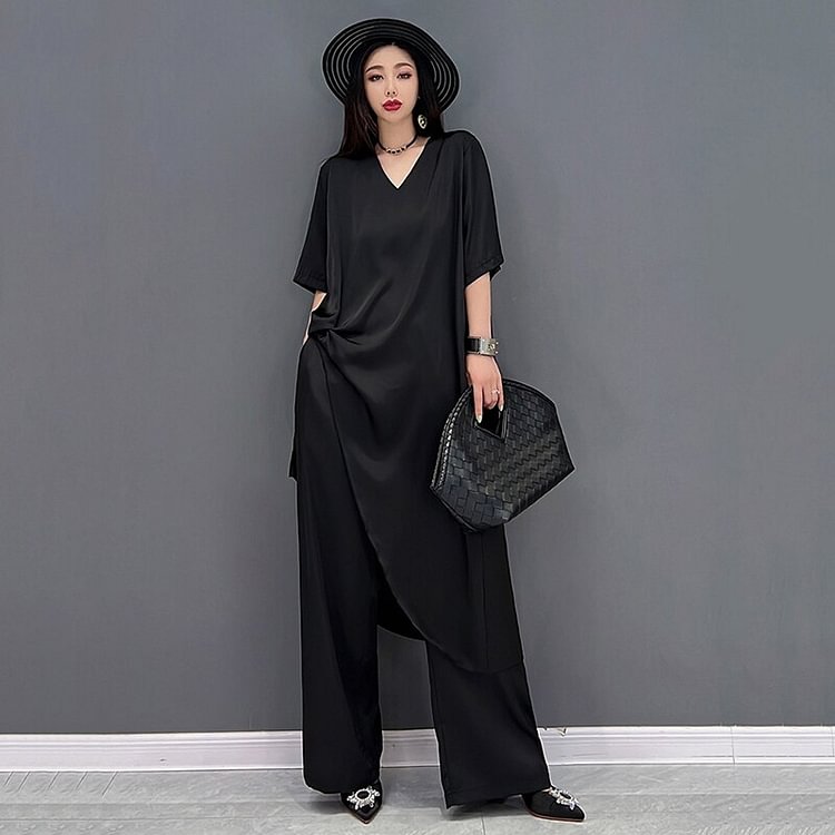 Elegant Contrast Color V-Neck Lace-up Half Sleeve Irregular Top And Straight Pants Two Pieces Set    
