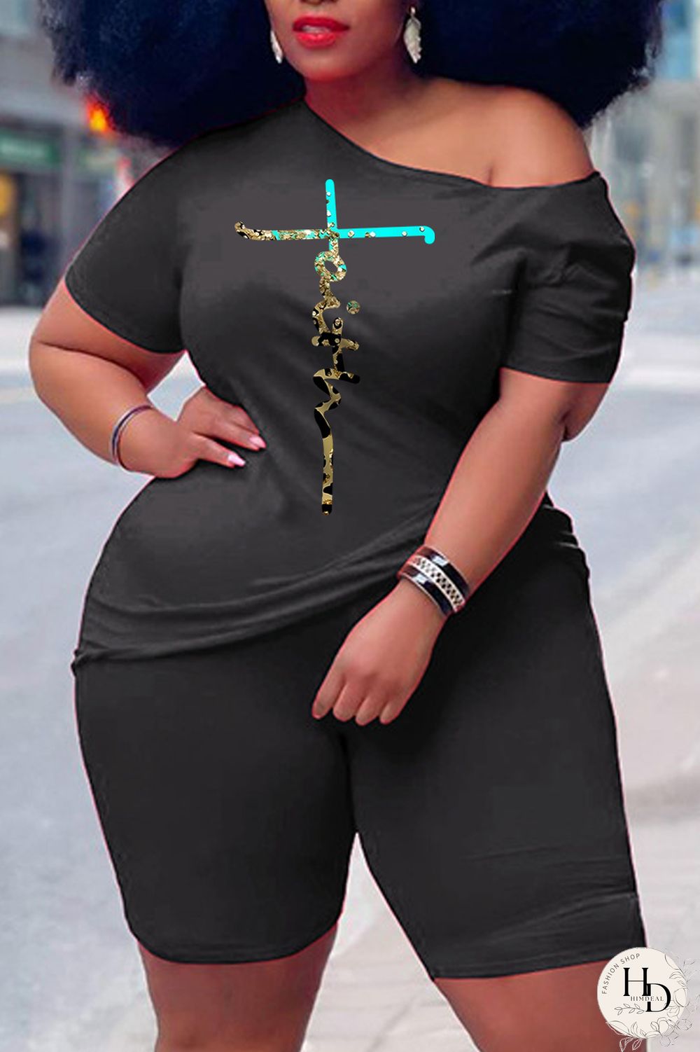 Rose Red Casual Print Basic Oblique Collar Short Sleeve Two Pieces