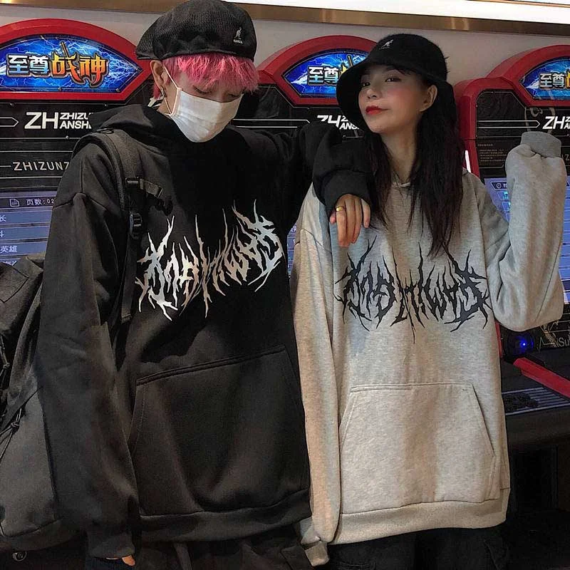 NiceMix Gothic Printed Long Hoodies Women Streetwear Hooded Long Sleeve Oversized Sweatshirt Autumn Winter White Pullover 2020