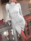 Sequinned Asymmetric Pleated Stand Collar Long Sleeves Evening Dress