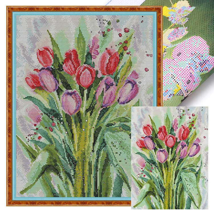 Joy Sunday Watercolor Tulips 14CT Stamped Cross Stitch 34*44CM