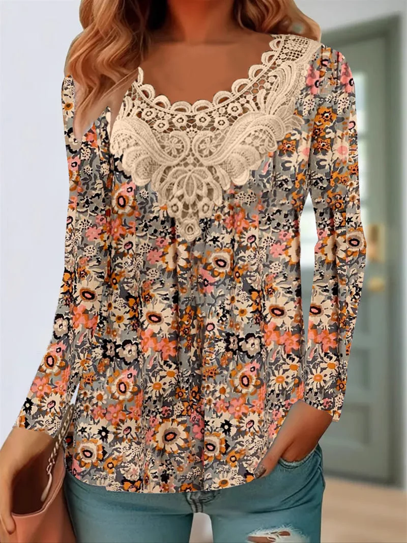 Women Long Sleeve Scoop Neck Floral Printed Graphic Lace Tops
