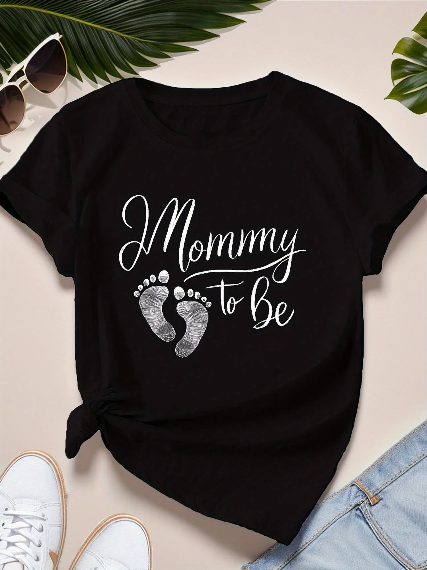 Soft & Mommy Maternity T-Shirt Breathable Relaxed Fit Short Sleeve Tee With Footprint
