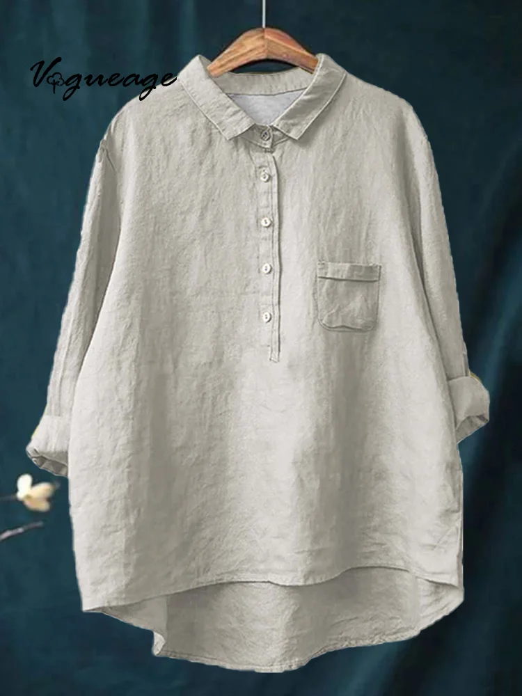 Fashionable Solid Color Versatile Lapel Long-Sleeved Cotton And Linen Shirt
