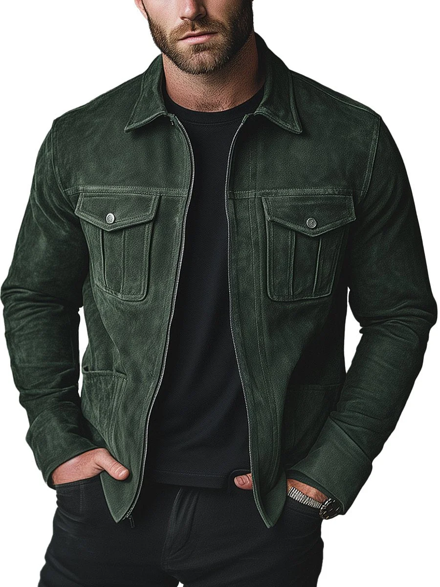 Men's Solid Color Casual Lapel Zipper Suede Jacket