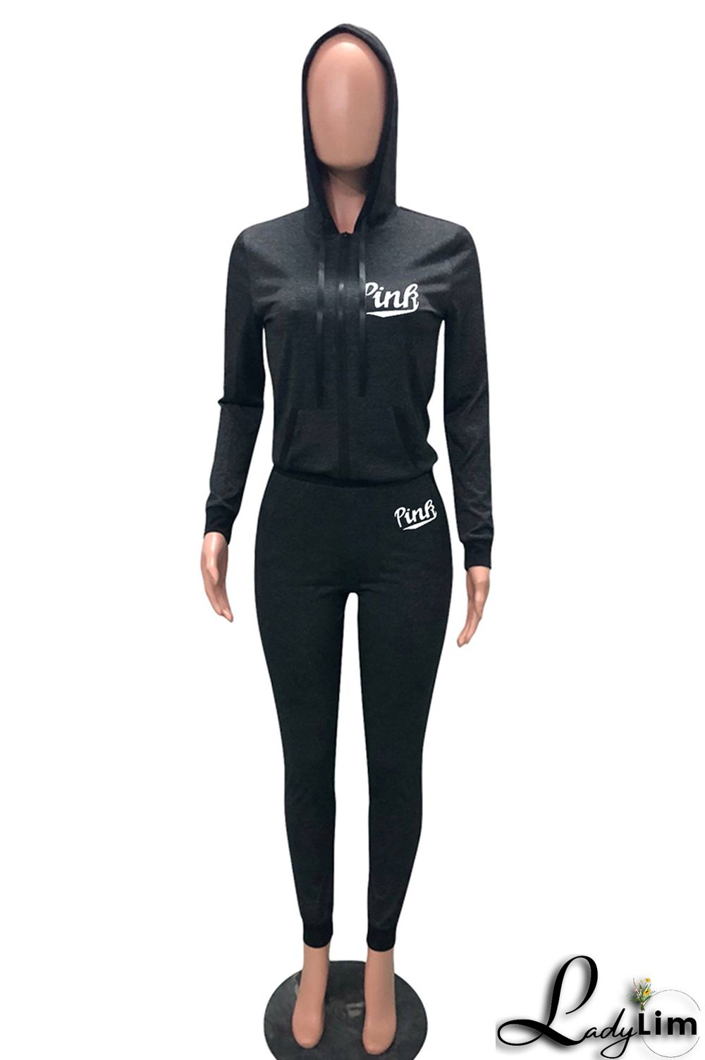 Grey Casual Sportswear Letter Print Patchwork Hooded Collar Long Sleeve Two Pieces