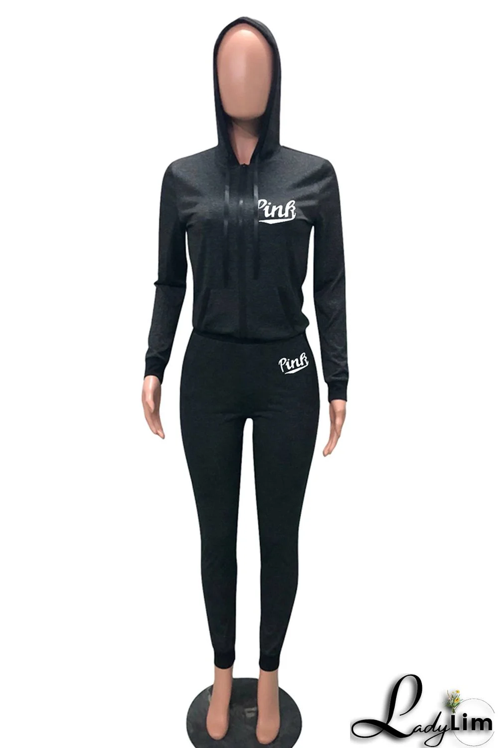 Grey Casual Sportswear Letter Print Patchwork Hooded Collar Long Sleeve Two Pieces