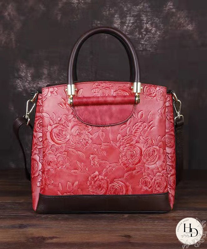 Retro Brown Embossing Paitings Calf Leather Messenger Bag