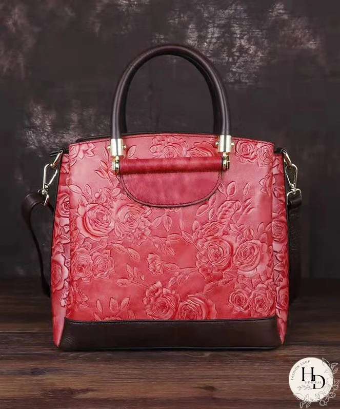 Retro Brown Embossing Paitings Calf Leather Messenger Bag