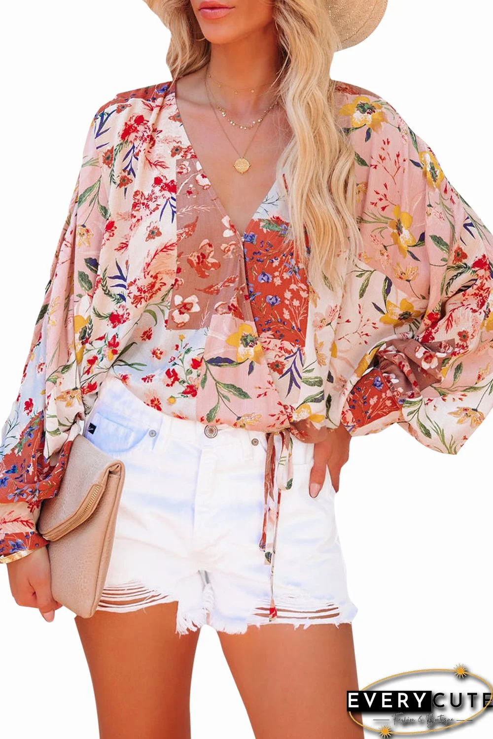 Multicolor Floral Print Patchwork Wrap V Neck Blouse