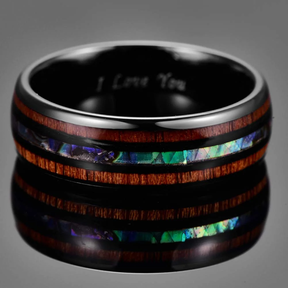 6MM 8MM Mens Women Tungsten Hawaiian Koa Wood and Black Abalone Shell Imitated Opal Inlay Tungsten Carbide Rings