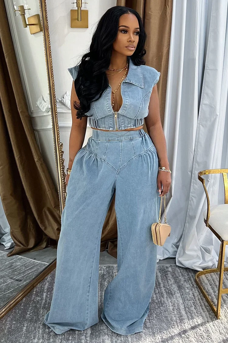 Zip-Up Vest High-Rise Quilted Wide Leg Pants Denim 2pcs Set-Blue [Pre Order]
