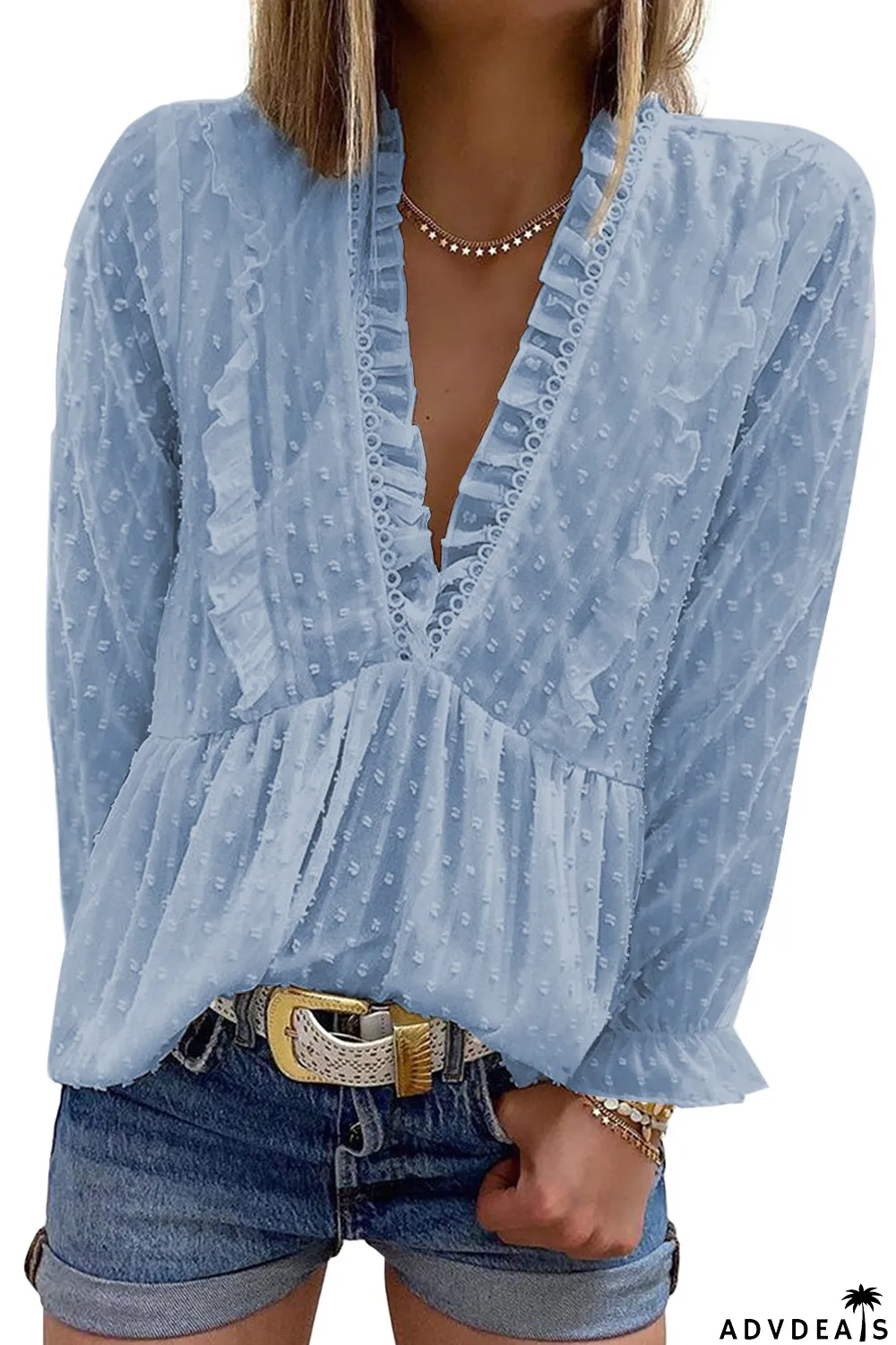 Sky Blue Swiss Dot Long Deep V Neck Pleated Sleeve Top