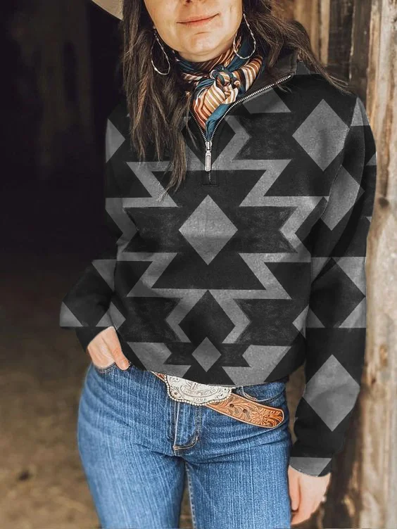 Women's Vintage Aztec Print Zip Long Sleeve Sweatshirt