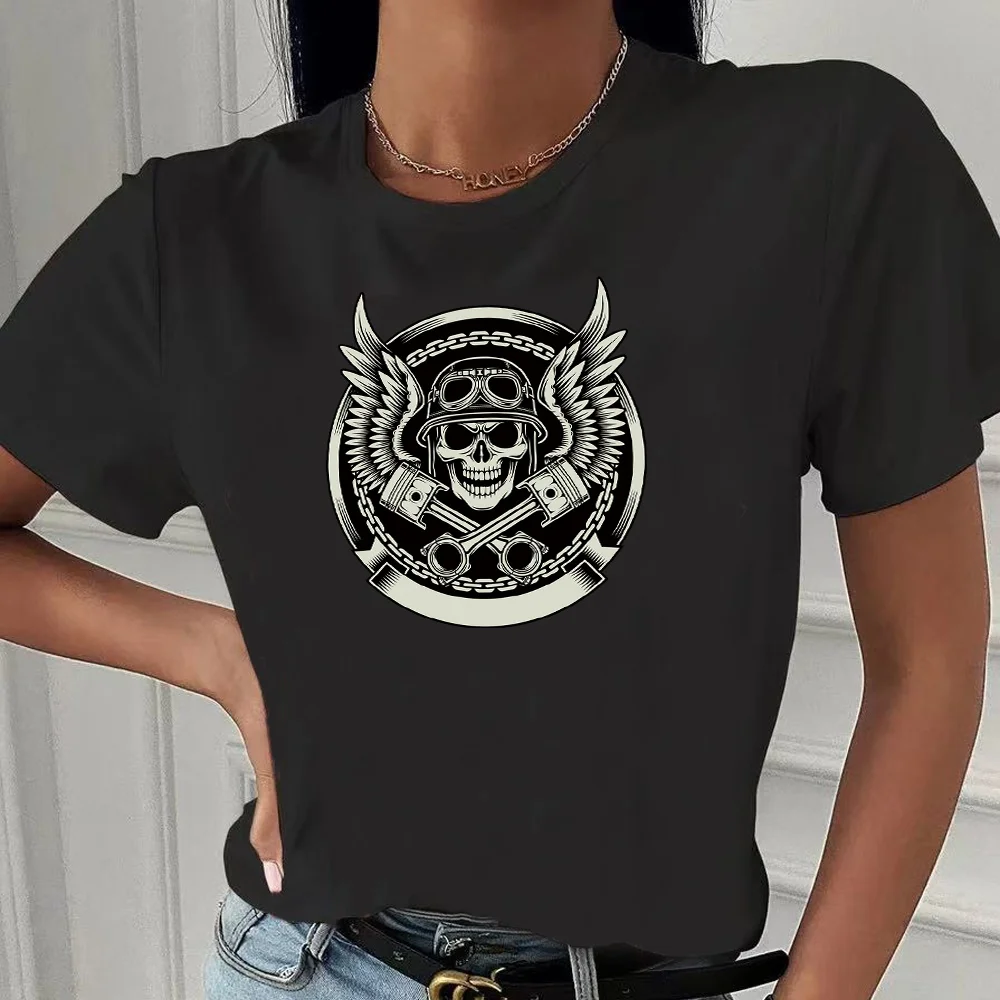 T-shirt Fashion Trend Skull Printed Female O-neck T Shirt Casual  Crew Neck Ladies Slim Tshirt Hip Hop Streetwear Top