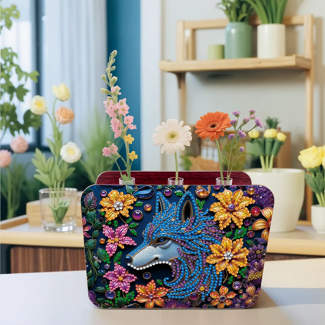 Wolf DIY Flower Vase Wooden Double Sided Desktop Diamond Art Kit for Home Decor