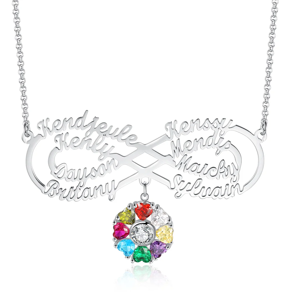 Personalisierte unendliche Namenskette mit 8 Namen und 8 Geburtssteinen Infinity Halskette Kettenmachen