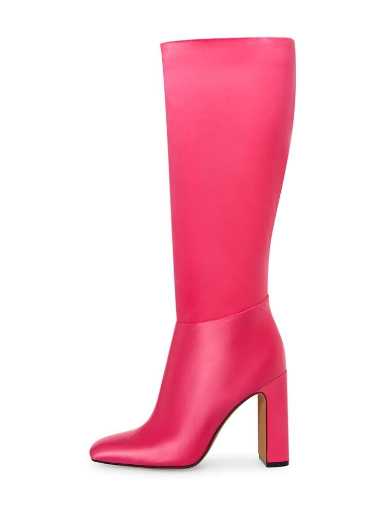 Pink Satin Zip Square Toe Square High Heel Mid Calf Boots