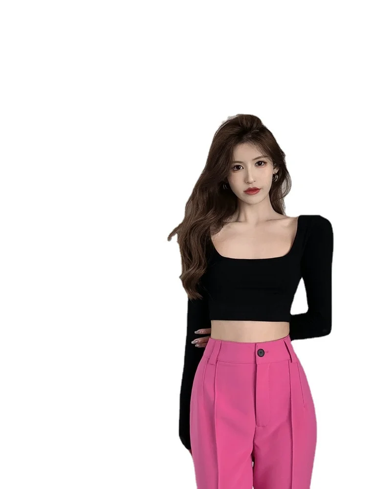 Uveng Uveng Girl Square Collar Long-Sleeved T-Shirt Female Autumn 2023 New White Strap Short Back Slim Bottom Top