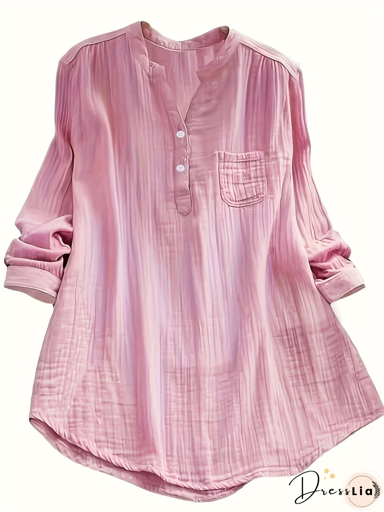 Plus Size Casual Blouse, Women's Plus Solid Long Sleeve Notched Neck Ruched Back Round Hem Slight Stretch Henley Blouse With Pocket