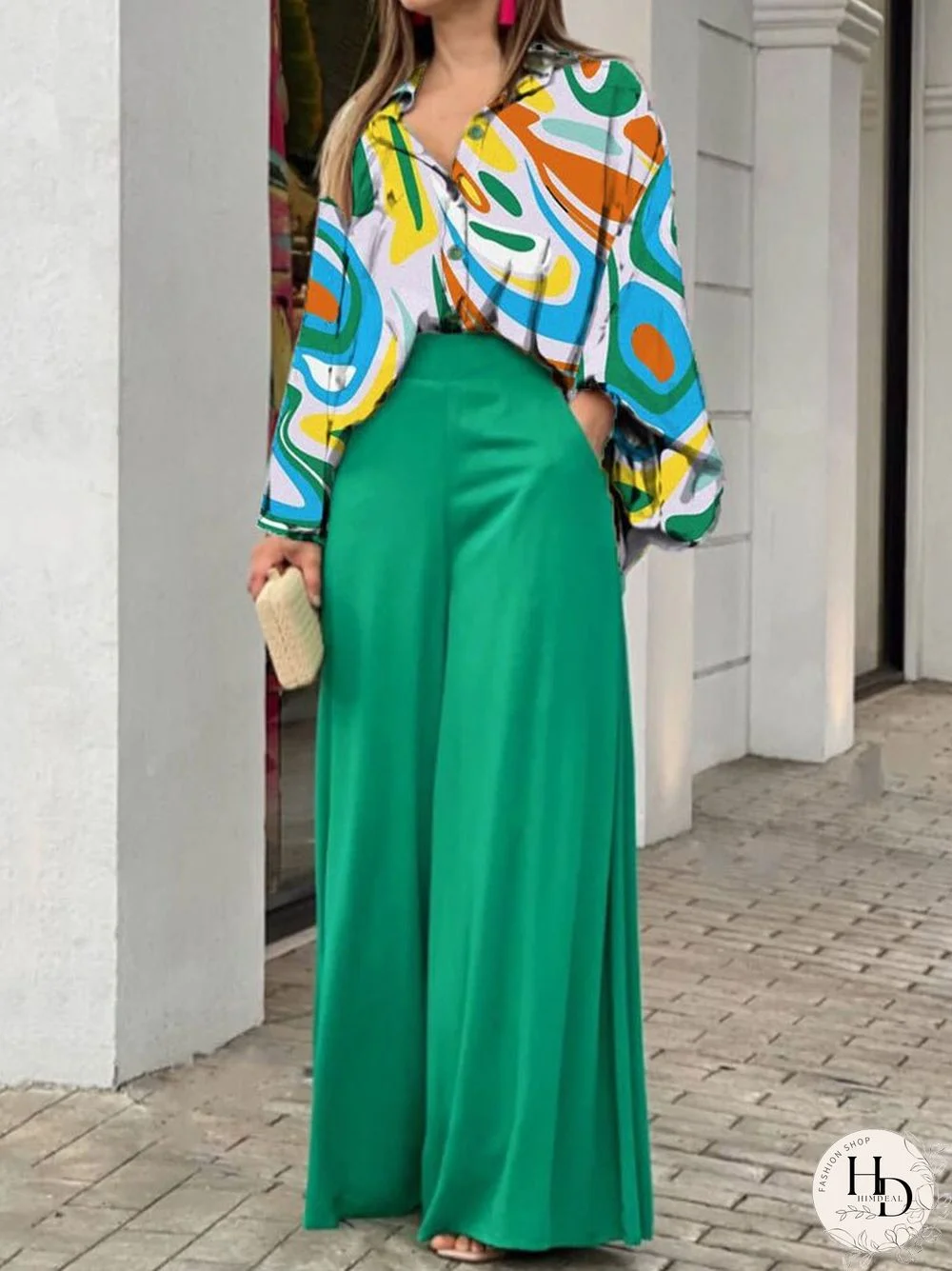 V-neck Crop Tops+Long Wide Legs Long Pants Two-piece Elegant Casual Streetwear Summer Outfits Vintage Ol Printing Trouser Suits
