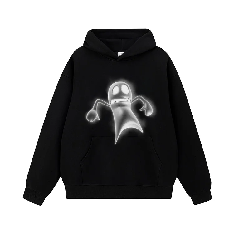 Street Retro Ghost Print Hooded Sweatshirt Casual Loose Pullover Hoodie at Hiphopee