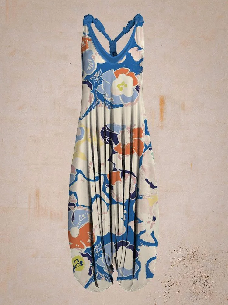 Women Summer Blue Floral Pattern Sleeveless Harem Jumpsuit