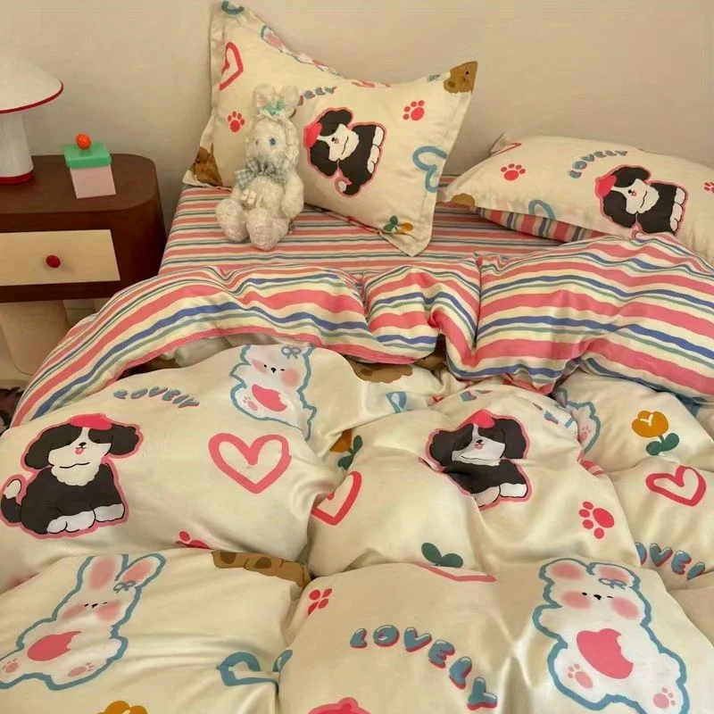 Aonga Kawaii Bedding Set for Kids Ins Twin Queen Size Duvet Cover Flat Sheet Pillowcase No Filler Girls Boys Home Totel Bed Linens aonga