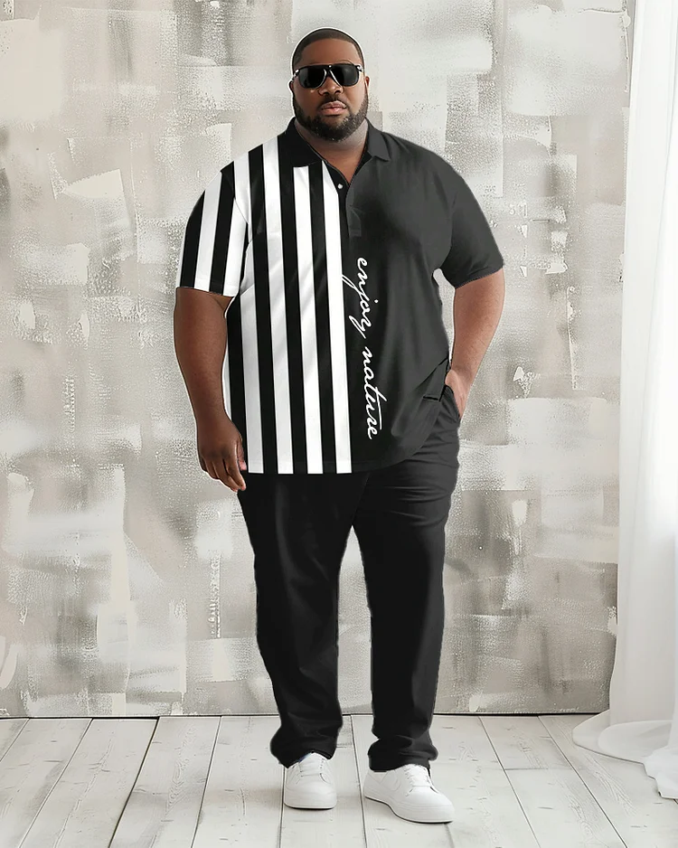 Men's Plus Size Simple Stripe Patchwork Letter Print Polo Shirt Trousers Suit