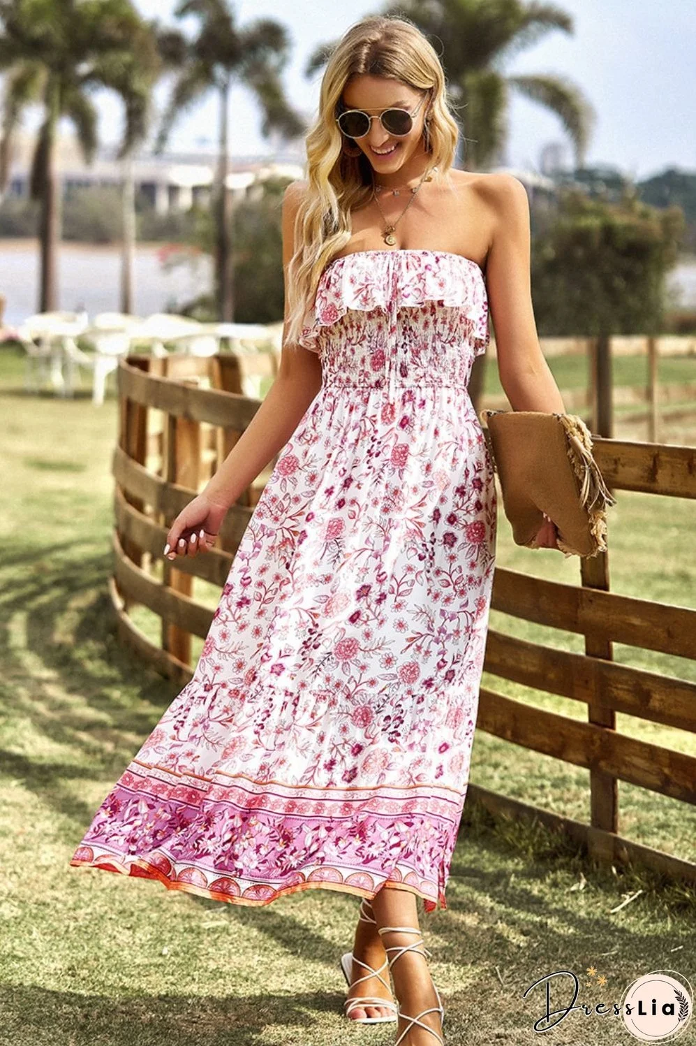 Bohemian Strapless Slit Midi Dress