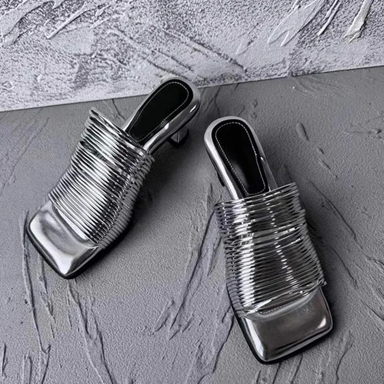 Yyvonne Head With Thin And Silver Cool Slippers Woman 2025 Summer High Heel Half-Dragging Wearing Silver Gold Simple Slippers