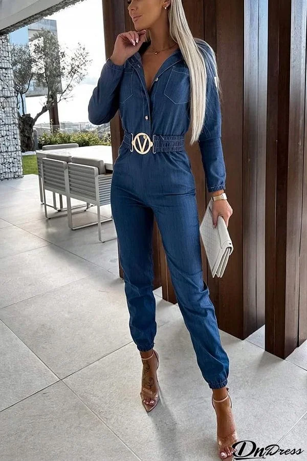 Dreaming of Soho Denim Elastic Belt Pocketed Shirt Jumpsuit