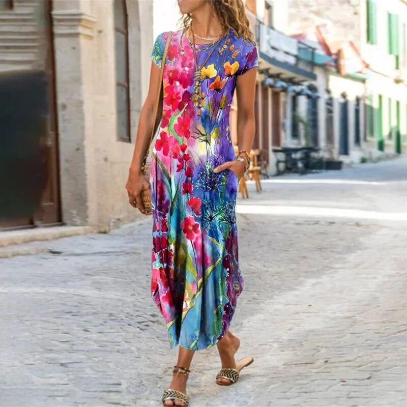Elegant Women Maxi Dress 2021 Summer O Neck Short Sleeve Sundress Office Lady Party Dress Female Print A-Line Long Dress Vestido
