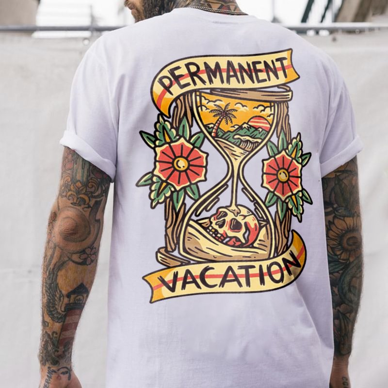 PERMANENT VACATION letter skull print men's casual tees designer - Krazyskull