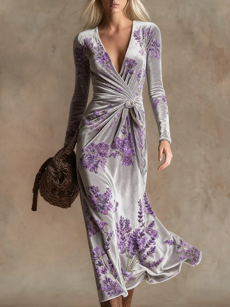 Elegant vintage print V-neck velvet maxi dress