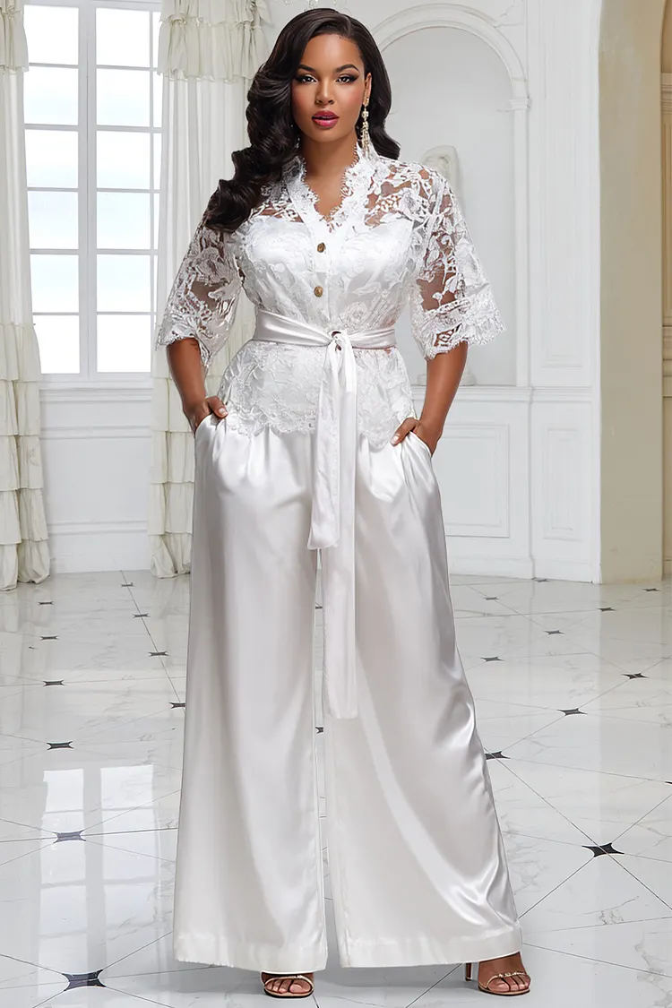 Xpluswear Design Plus Size Formal Lace White V Neck Half Sleeve Wrap Pocket Satin Two Piece Pant Sets [Pre-Order] 2024 - Xpluswear