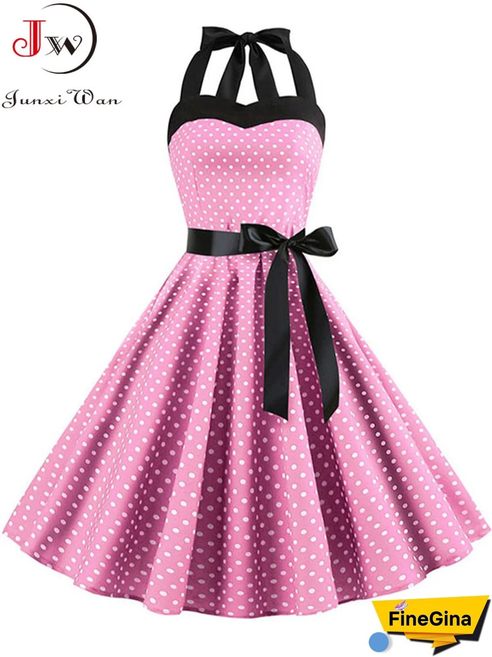 Sexy Halter Party Dress Retro Polka Dot Hepburn Vintage 50s 60s Pin Up Rockabilly Dresses Robe Elegant Midi Dress