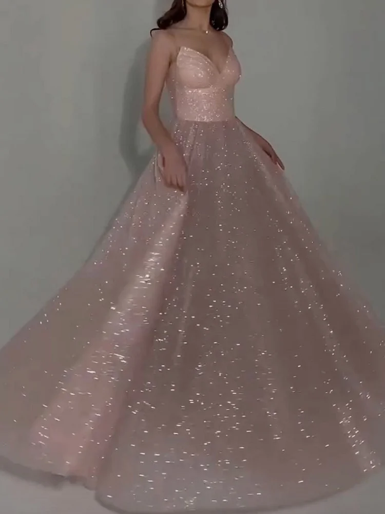 Sleeveless Spaghetti-Neck Shiny Sequinned Mesh Maxi Dresses Party Dresses