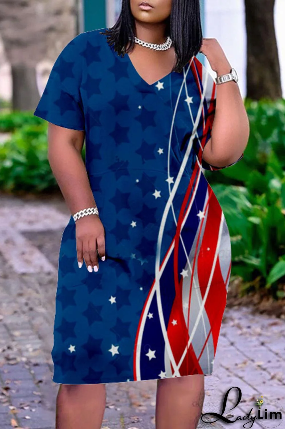 Deep Blue Casual Print Patchwork V Neck Dresses