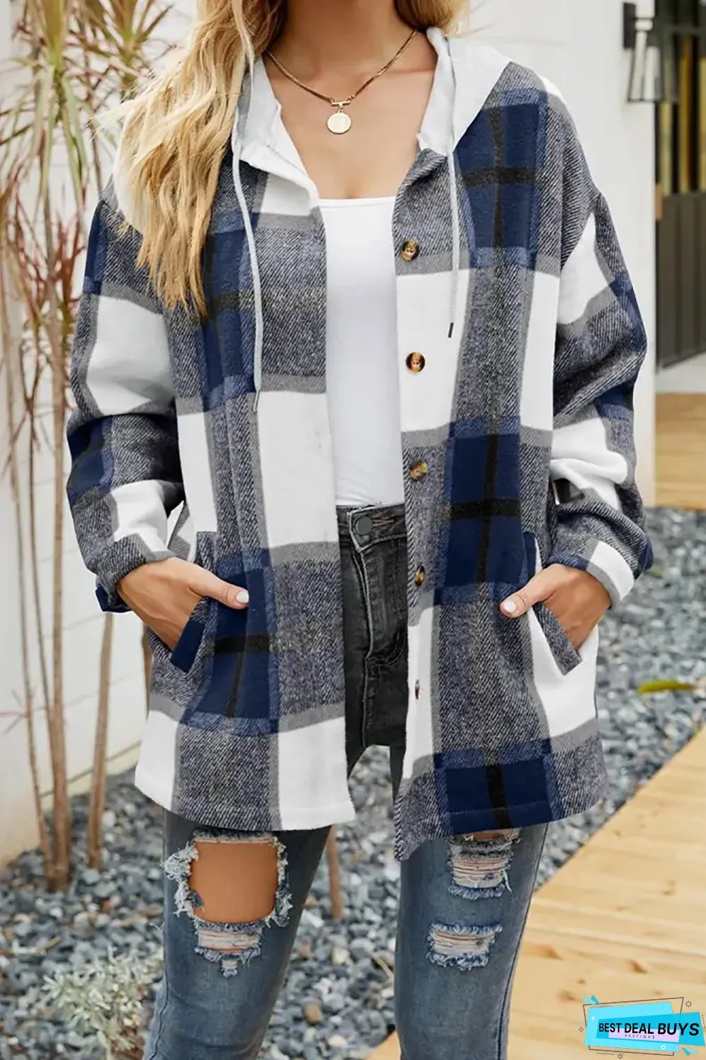 Drawstring Hooded Plaid Shacket Coat With Pocket