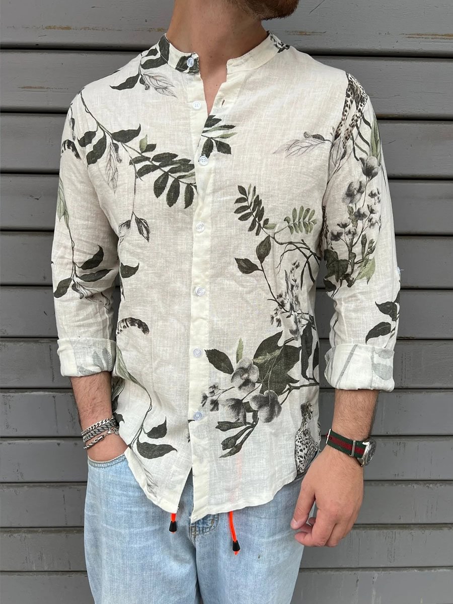 Men's Printed Stand Collar Cotton and Linen Shirt