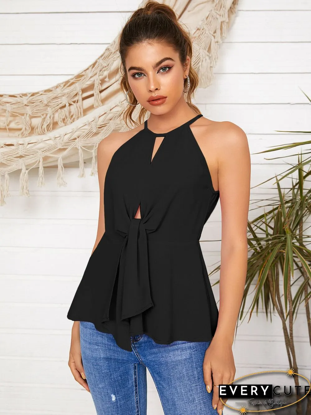 Solid Color Cut Out Tie Up Halter Sleeveless Cami