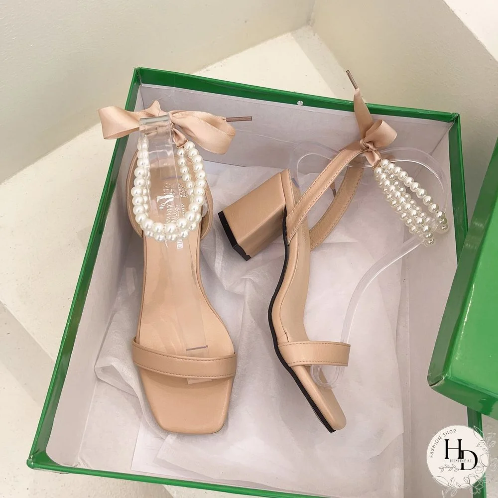 New Sandals Women Fashion Open Toed Heels Women Pearl Lace Up Women Shoes Party Wedding Chunky Heels Pumps Dress
