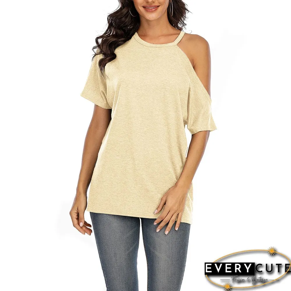 Beige Cotton Blend Cold Shoulder Tops