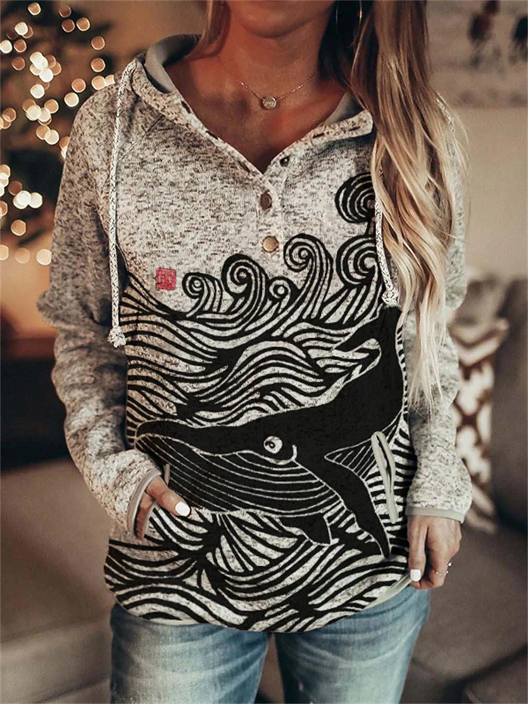 Whale & Waves Japanese Lino Art Button Up Hoodie