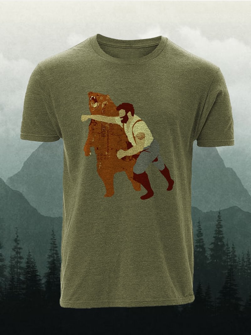 Men's Brown Bear Fight with Human Funny Short-Sleeved Shirt in  mildstyles